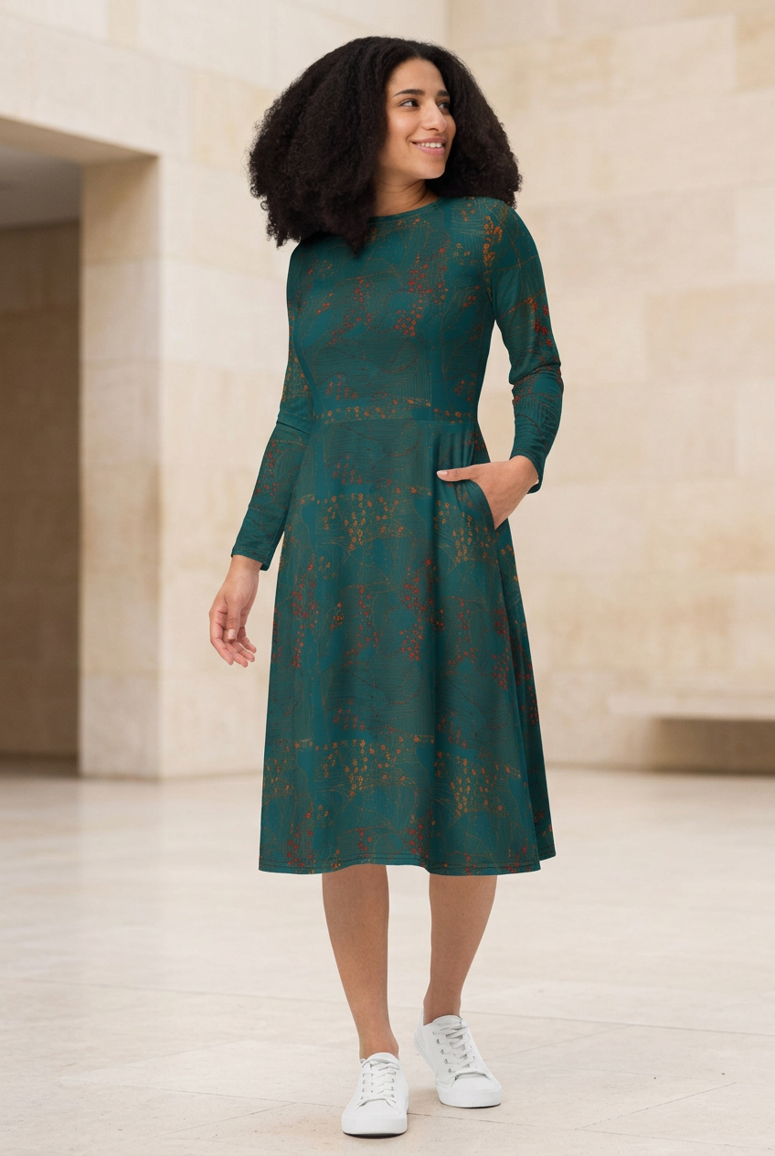 Model wearing hand-drawn art midi dress in a courtyard