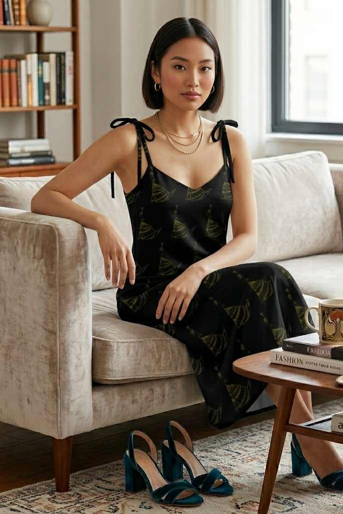 Woman sitting on a couch in a living room with a coffee table and books in the background.