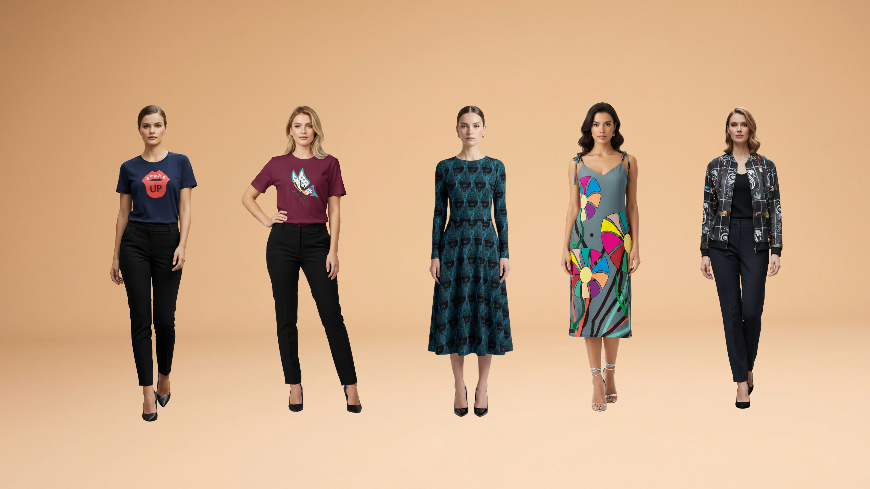 Five women modeling different outfits against a solid beige studio background. The outfits include a blue graphic t-shirt with black pants, a maroon graphic t-shirt with black pants, a dark teal patterned long-sleeve dress, a green and pink abstract print dress, and a black-and-silver patterned jacket with black pants.