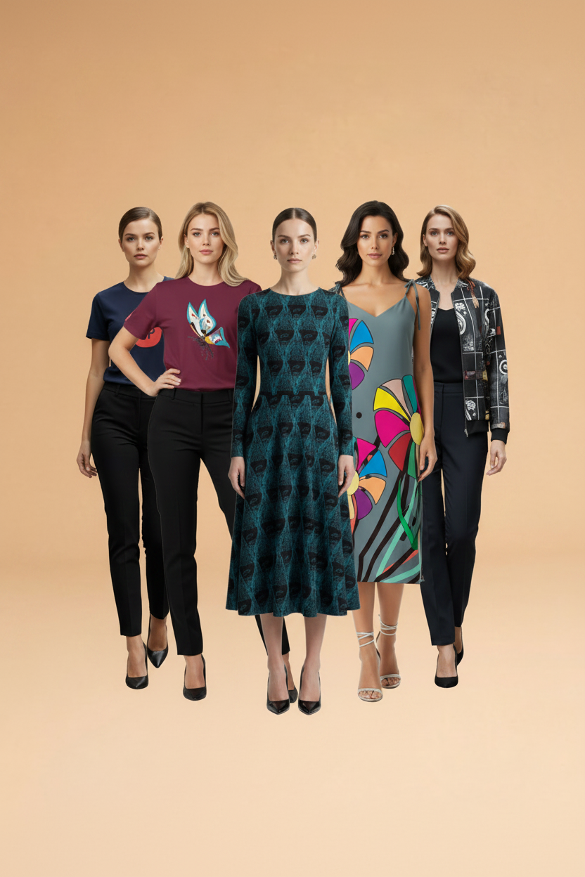 Five women modeling different fashion outfits against a solid beige background. The center models wear patterned dresses, while the surrounding models wear casual and semi-formal tops and trousers in various colors.