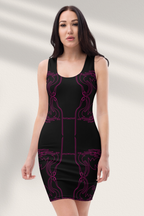 A woman wearing a black mini dress with bold, artistic all-over print, featuring a floral pattern with purple accents.