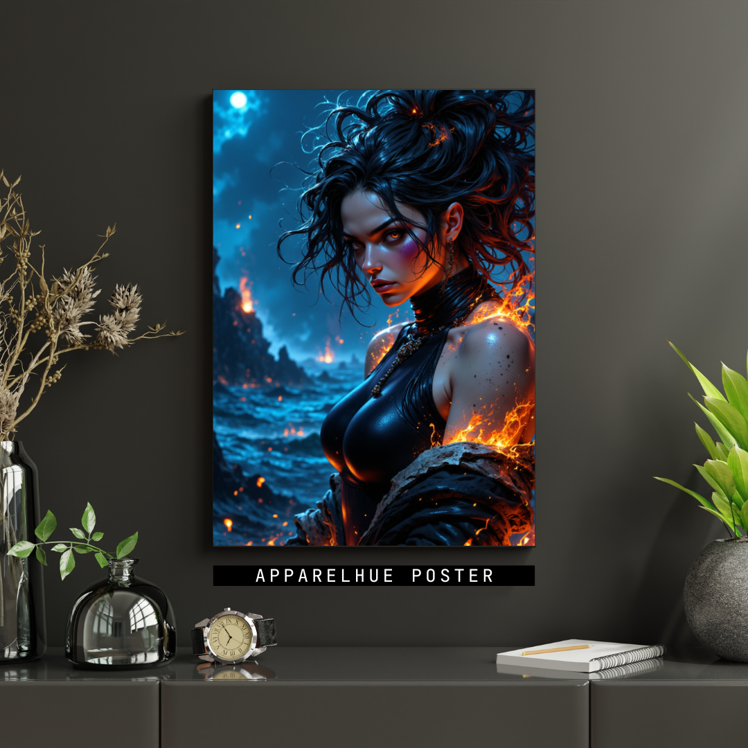 A vertical wall poster featuring a fantasy digital illustration of a dark-haired woman with fiery orange flames around her, displayed on a dark gray wall above a console table with decorative objects. The text 'APPARELHUE POSTER' is visible on a black banner below the poster.