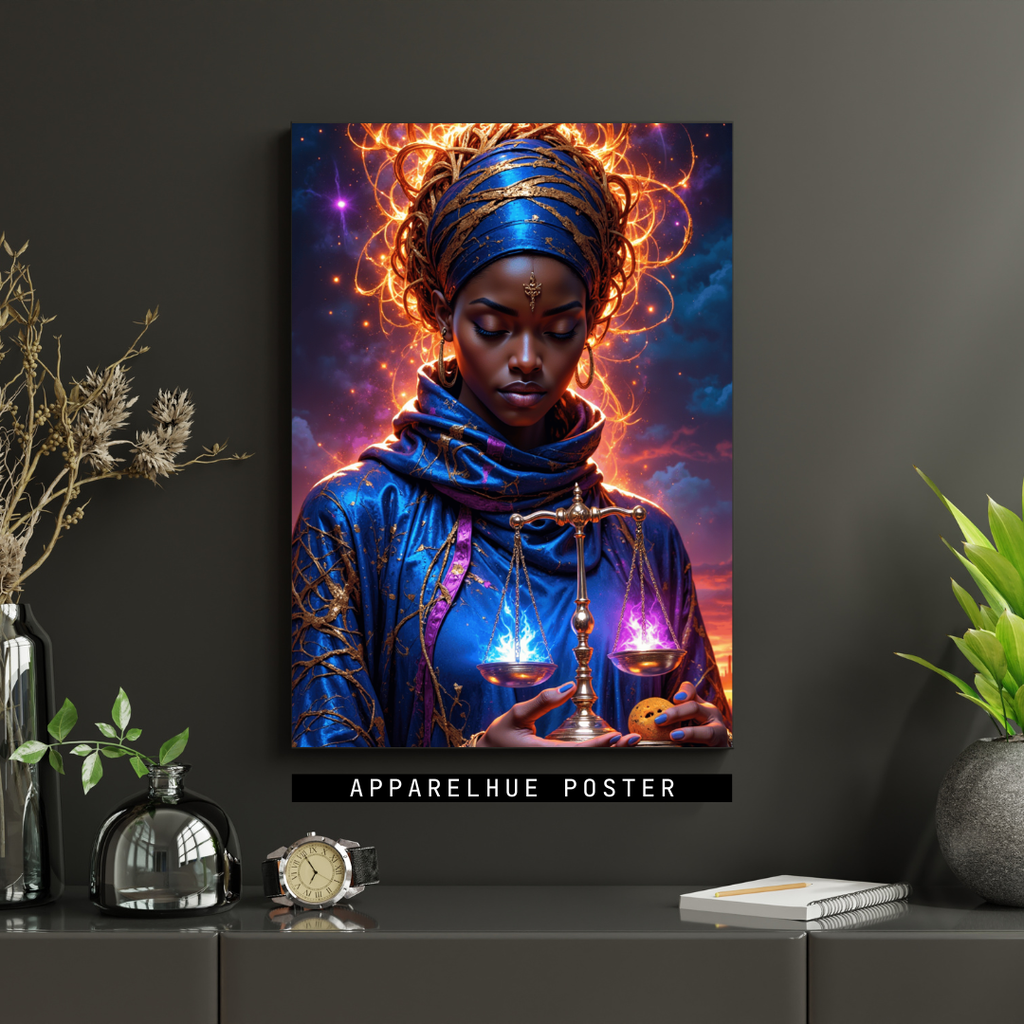 A vertical poster print displayed on a dark gray wall above a console table. The poster features a stylized portrait of a woman in ornate blue and purple attire with glowing orange hair and a golden scale motif.