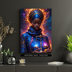 A vertical poster print displayed on a dark gray wall above a console table. The poster features a stylized portrait of a woman in ornate blue and purple attire with glowing orange hair and a golden scale motif.