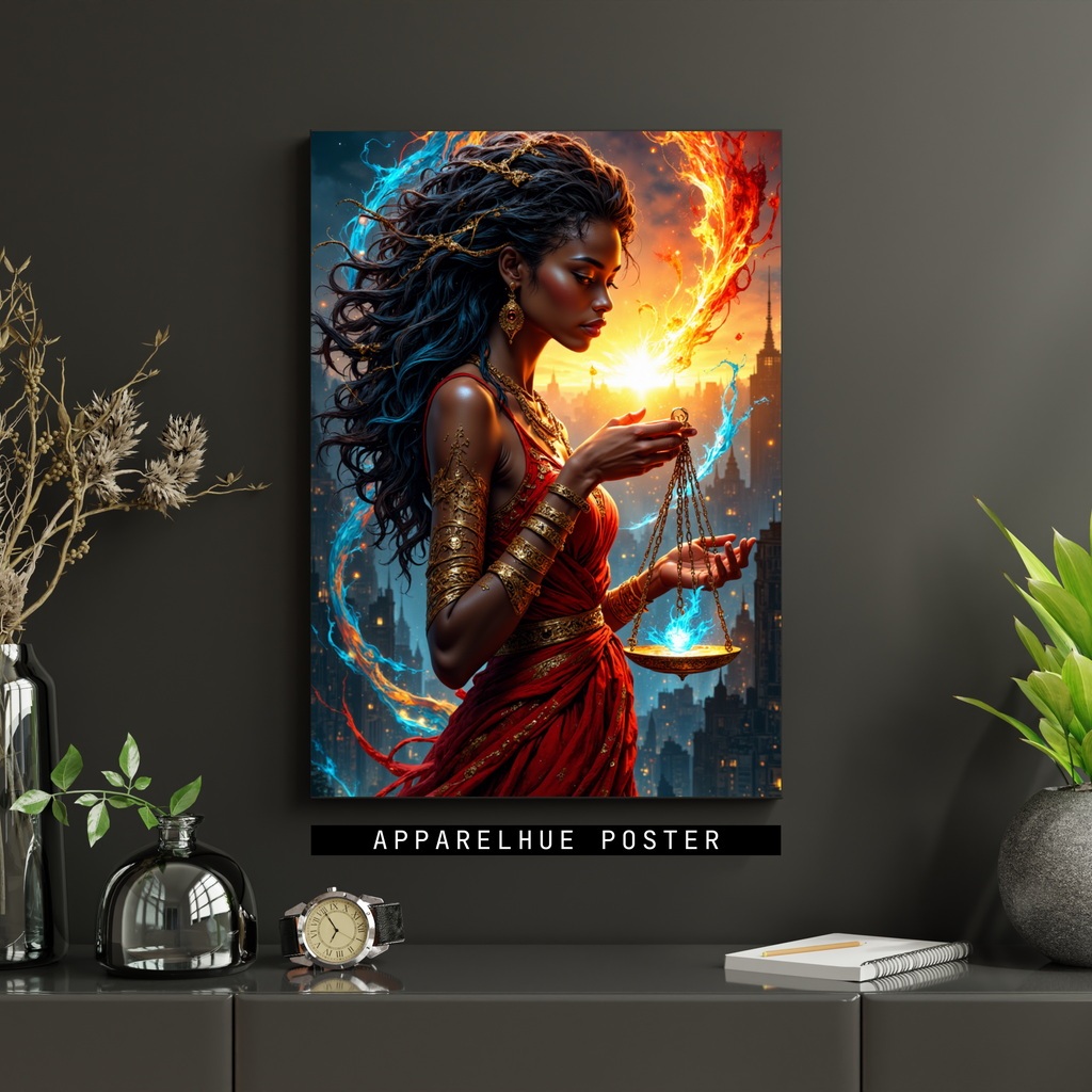 A vertical poster print displayed on a dark gray wall above a console table. The poster features a stylized portrait of a woman with long dark hair holding a balance scale, with swirling blue and orange light effects and a cityscape in the background.