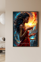 A framed vertical art print featuring a fantasy illustration of a woman in a red dress holding a scale of justice, surrounded by blue and orange energy effects, displayed on a beige wall in a modern bedroom interior.