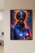 A framed vertical art print depicting a mystical woman with glowing orange and blue cosmic energy, displayed on a beige wall in a modern, minimalist bedroom interior.