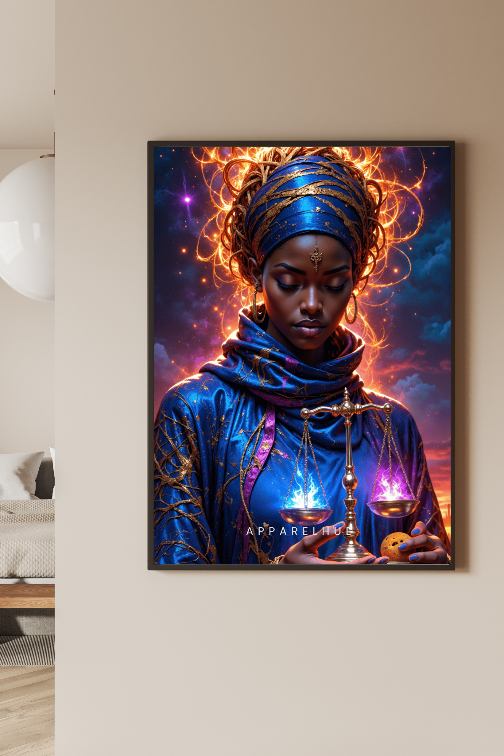 A framed vertical art print depicting a mystical woman with glowing orange and blue cosmic energy, displayed on a beige wall in a modern, minimalist bedroom interior.