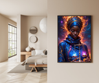 A framed vertical art print depicting a mystical woman with glowing orange and blue cosmic energy, displayed on a beige wall in a modern, minimalist bedroom interior.