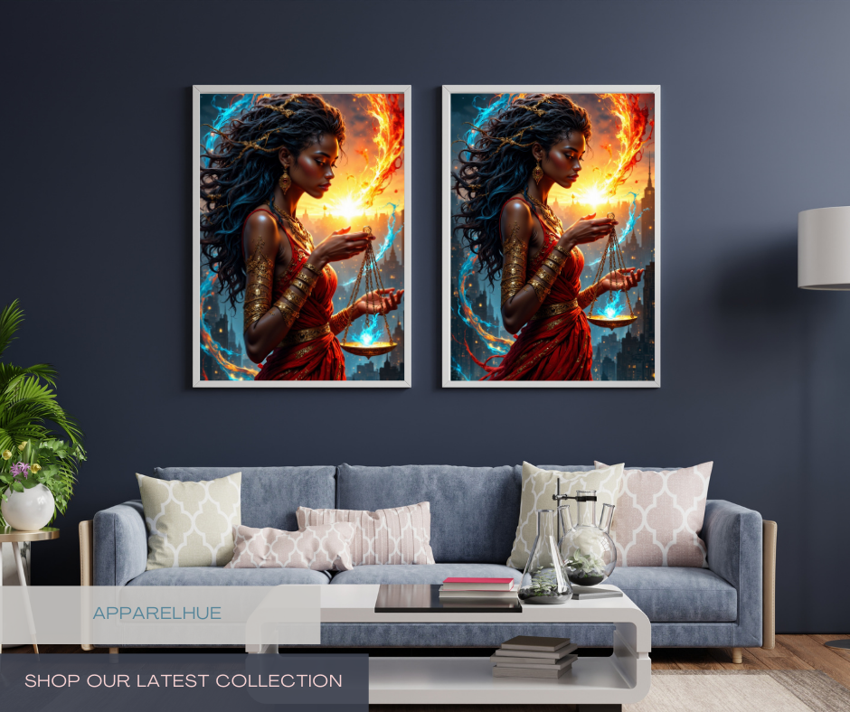 A pair of framed wall art prints hanging above a blue sofa in a modern living room. Each print shows a stylized woman with dark hair, a red dress, and glowing orange flames against a blue background.