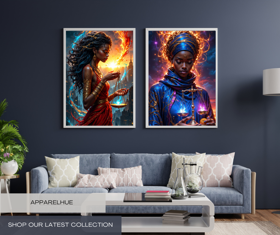 Two framed fantasy art prints hanging side-by-side on a dark blue-gray wall above a blue-gray sofa in a modern living room setting. The left print shows a woman in a flowing red dress holding a glowing orb, and the right print shows a woman in a blue headwrap with glowing blue and purple magical energy.