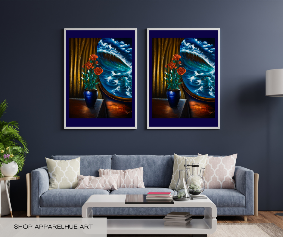 A pair of framed vertical art prints depicting a dramatic blue ocean wave crashing against a window with orange flowers in blue vases, displayed on a dark blue wall above a gray sofa in a living room setting.