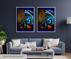 A pair of framed vertical art prints depicting a dramatic blue ocean wave crashing against a window with orange flowers in blue vases, displayed on a dark blue wall above a gray sofa in a living room setting.