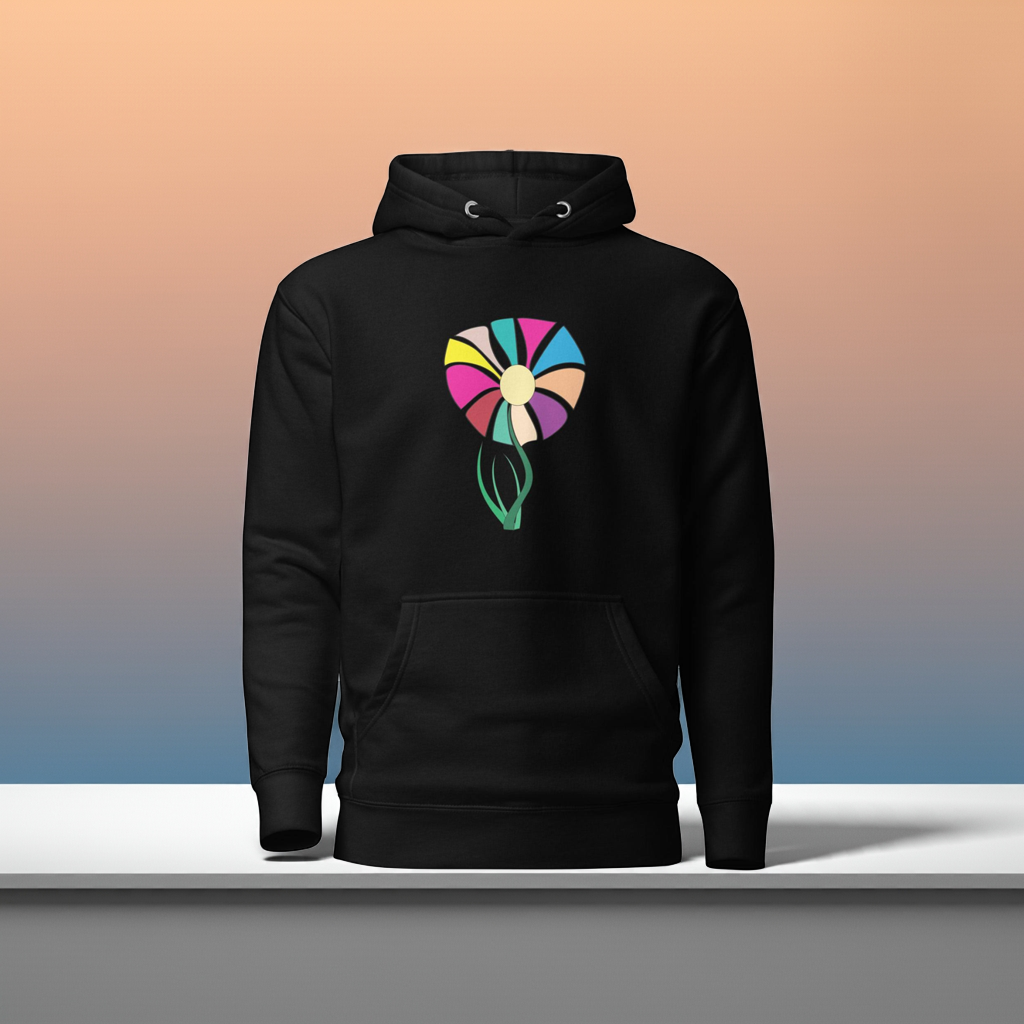 Black hoodie with a colorful flower design on a gradient background