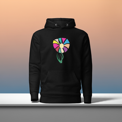 Black hoodie with a colorful flower design on a gradient background