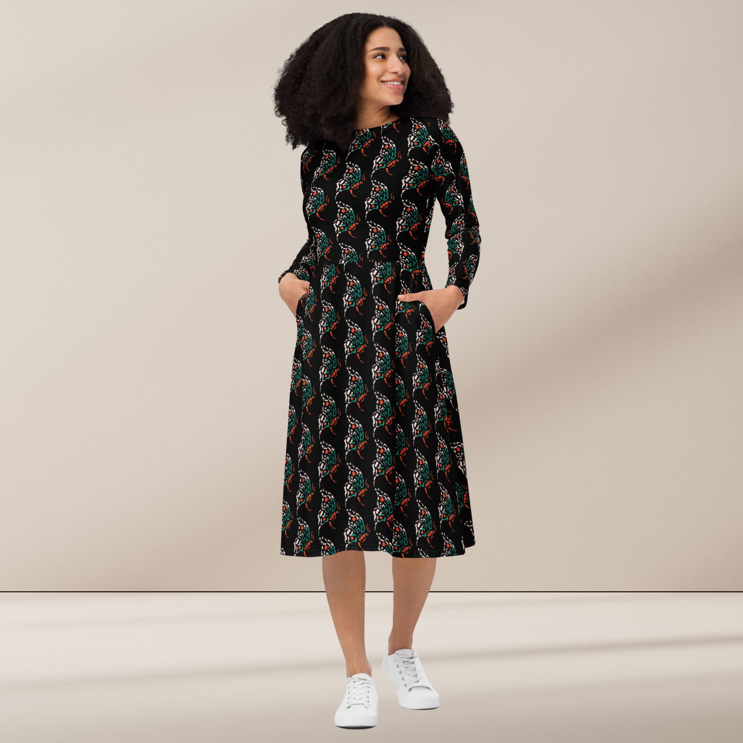Colorful Butterfly Art Print All-Over Print Long Sleeve Midi Dress