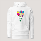 A white hoodie with a colorful floral print graphic on the front.