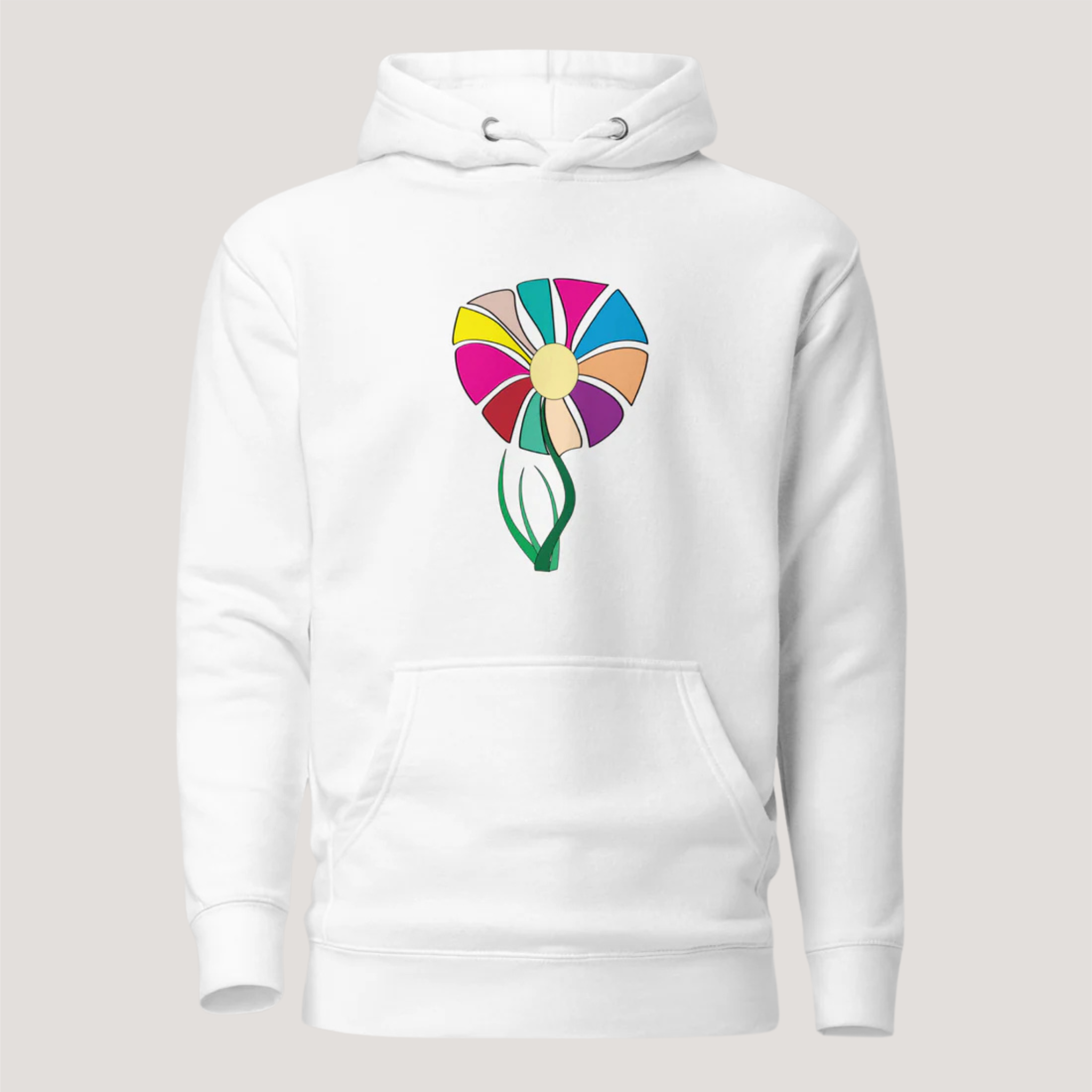 A white hoodie with a colorful floral print graphic on the front.
