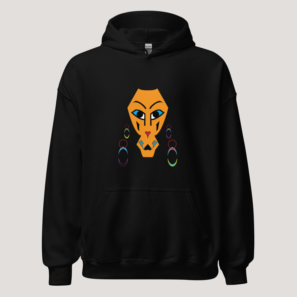 Black hoodie with a graphic print of an abstract character's face on the front.