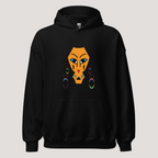 Black hoodie with a graphic print of an abstract character's face on the front.