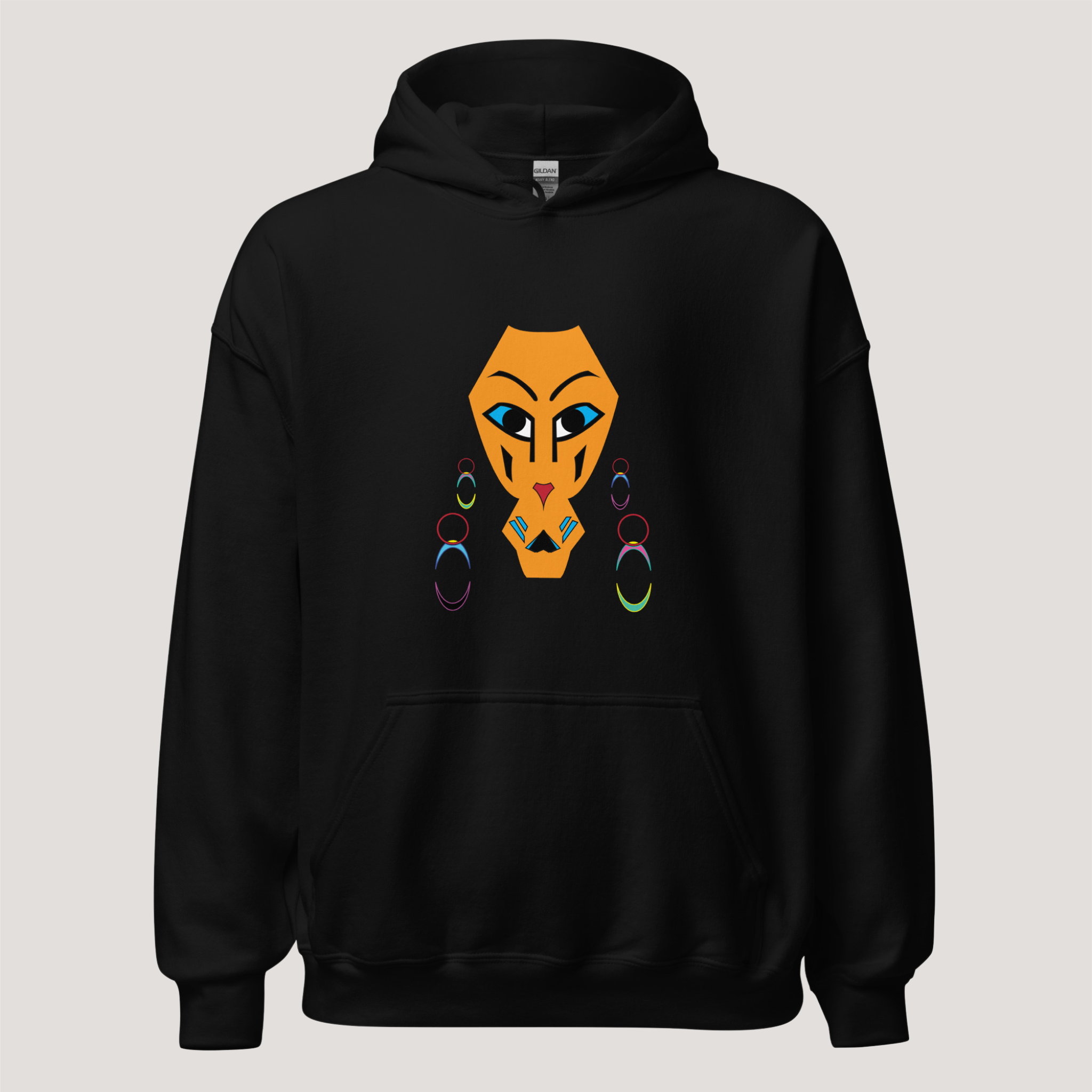Black hoodie with a graphic print of an abstract character's face on the front.