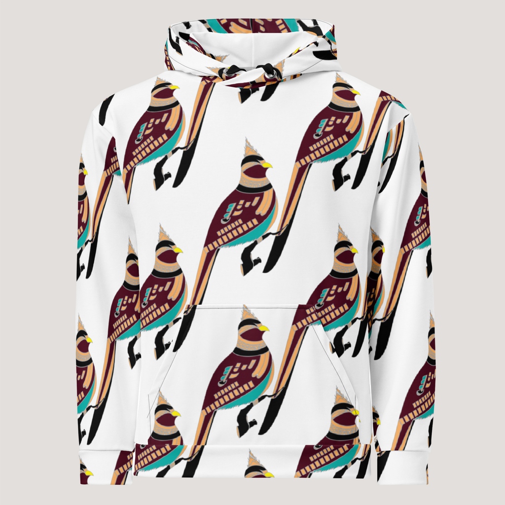 A white hoodie with a bird pattern in multiple colors on the sleeves and a solid brown section in the center.