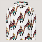 A white hoodie with a bird pattern in multiple colors on the sleeves and a solid brown section in the center.