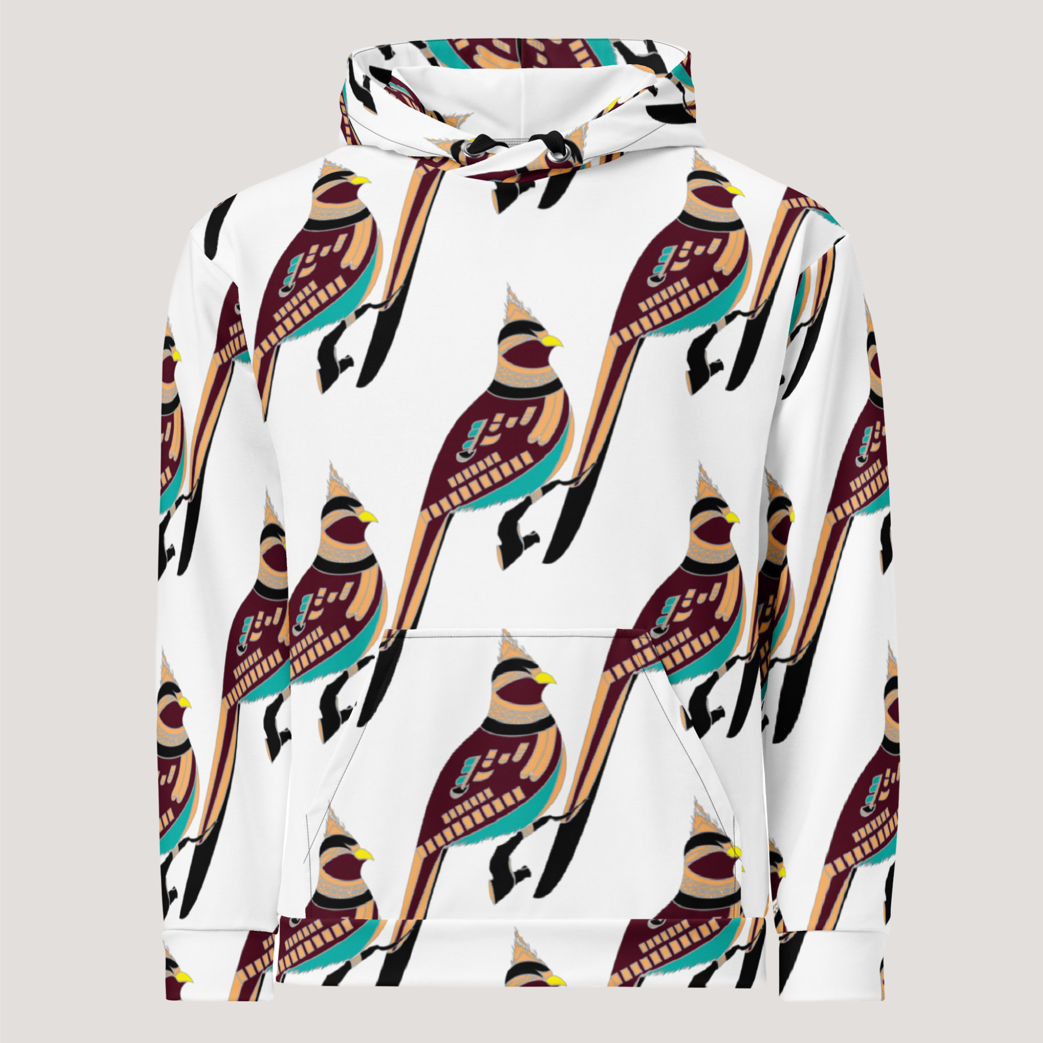 A white hoodie with a bird pattern in multiple colors on the sleeves and a solid brown section in the center.