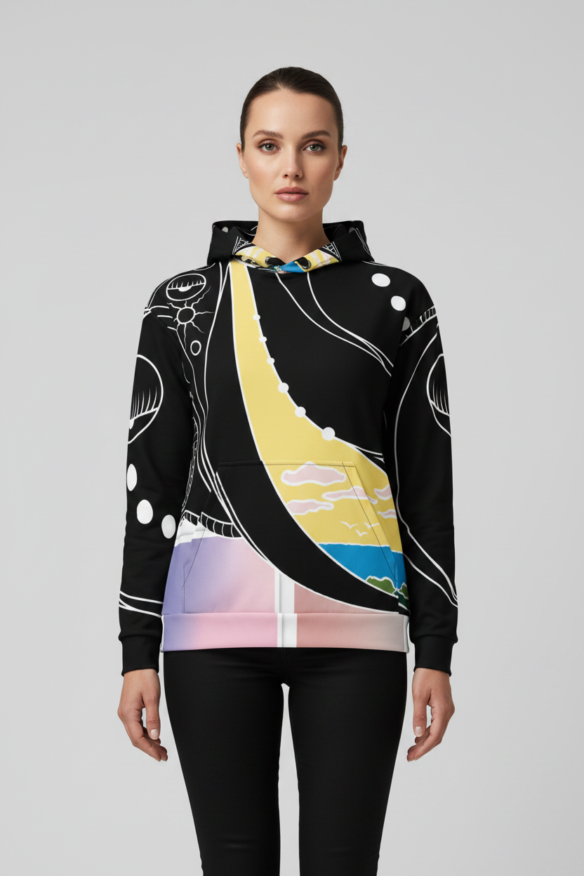 Person wearing a black hoodie with colorful abstract design on a gray background