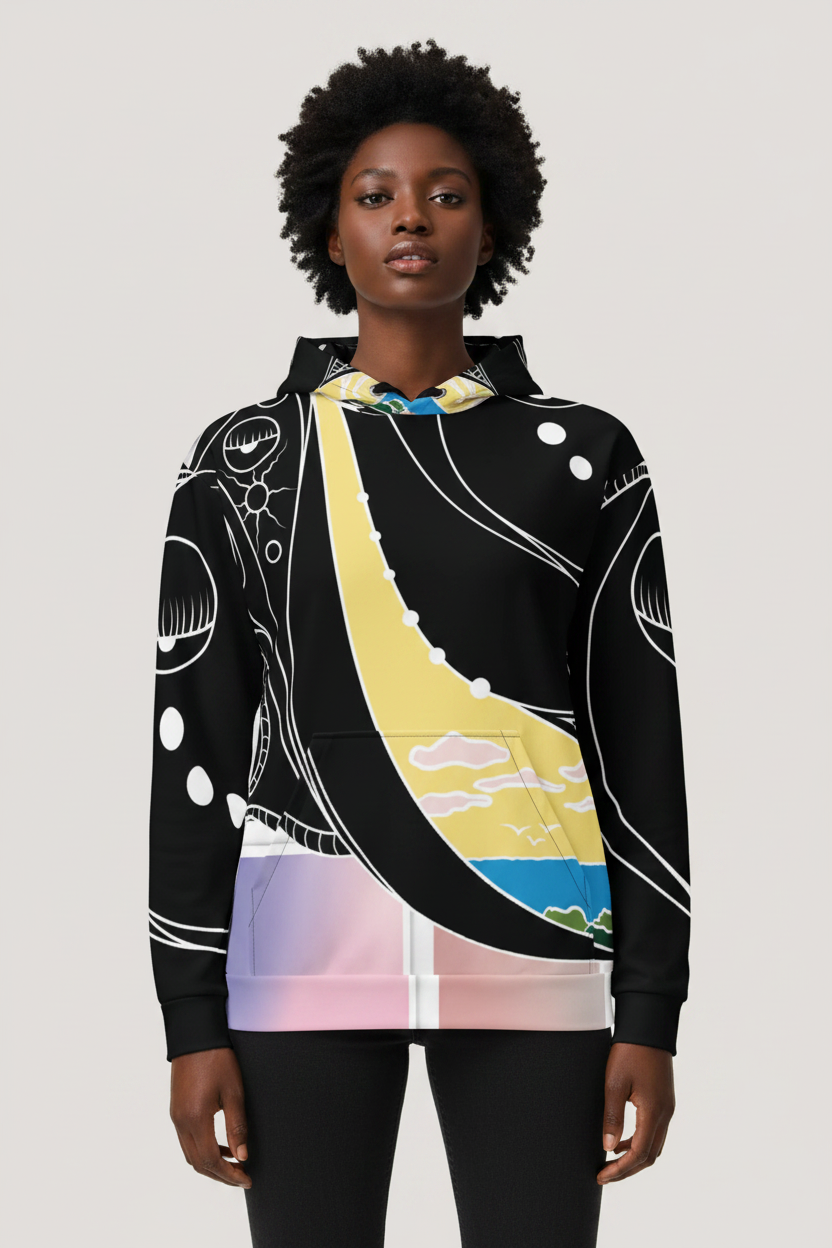 Person wearing a black hoodie with colorful abstract design on a light gray background