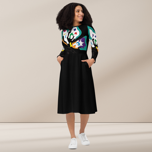 Elegant Butterfly Print Dress for Women | Artful Fashion Statement | All-over Print Long Sleeve Midi Dress