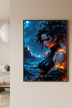 A framed fantasy art print featuring a woman with dark hair, glowing blue eyes, and fiery orange highlights against a stormy blue ocean background, displayed on a beige wall in a modern bedroom setting.