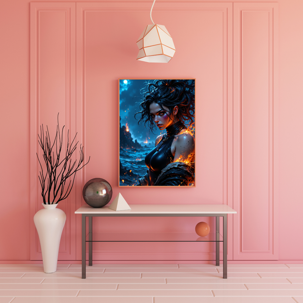 A vertical fantasy art print of a dark-haired woman with glowing flames, displayed on a pink paneled wall above a white console table in a styled room.