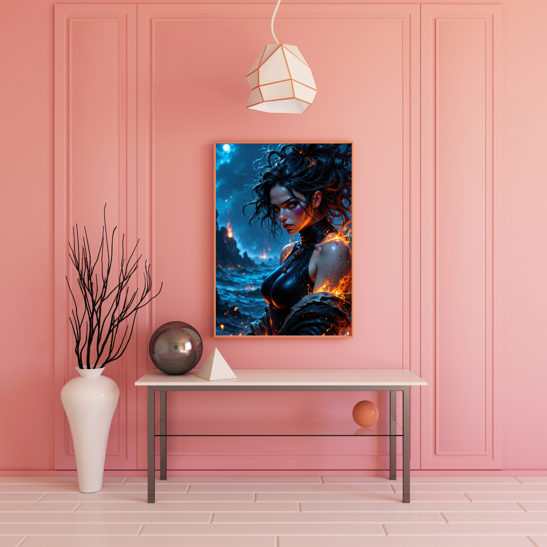 A vertical fantasy art print of a dark-haired woman with glowing flames, displayed on a pink paneled wall above a white console table in a styled room.