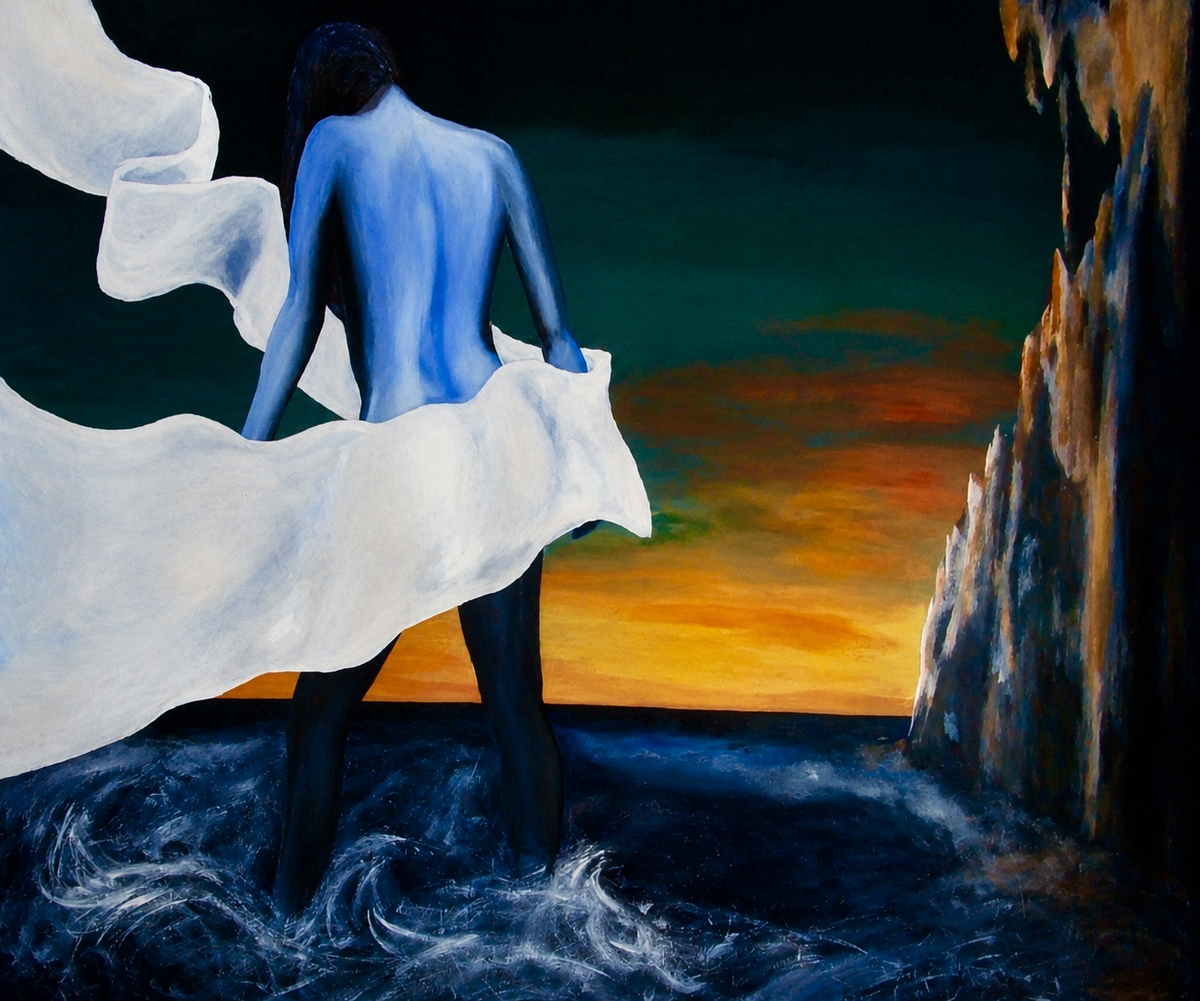 A surreal painting of a woman standing in dark water, holding a large flowing white fabric (Hope is on Horizon), with a glowing orange horizon and a rocky cliff on the right.