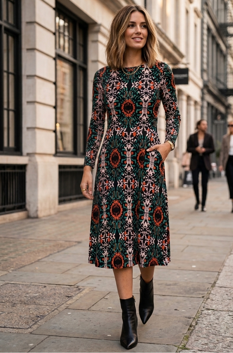 Woman wearing a patterned dress on a city street