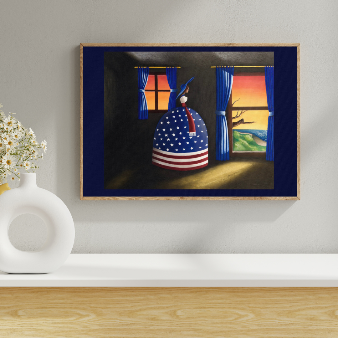 A framed art print hanging on a light gray wall above a white shelf. The print shows a surreal painting of a rabbit in a U.