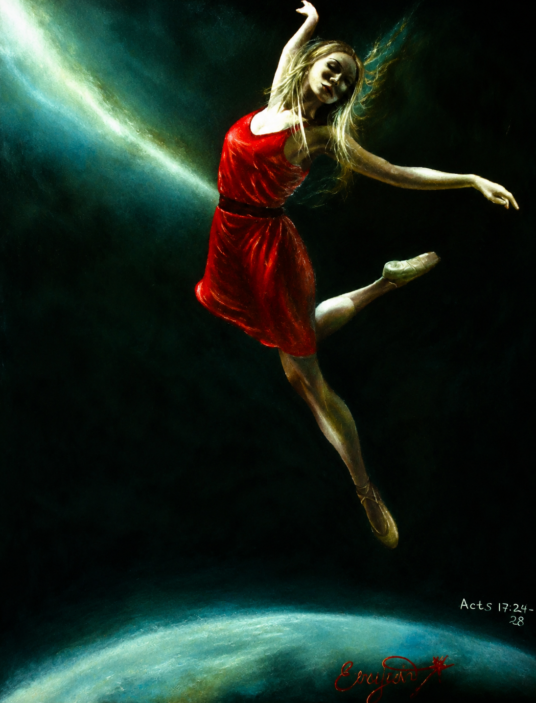 A stylized painting of a woman in a flowing red dress floating above a glowing blue-green horizon against a dark background, with her face blurred. The artwork includes visible signature text in the lower right.