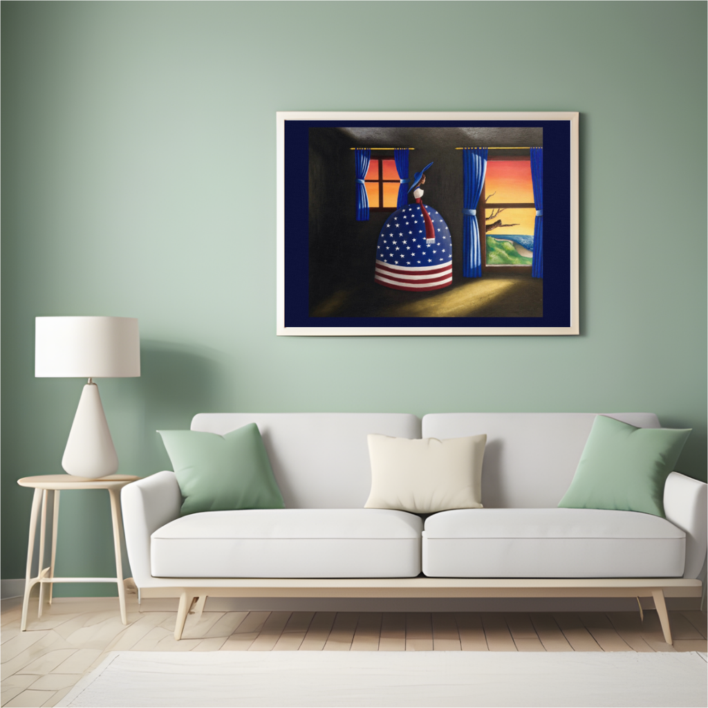 A framed art print depicting a stylized figure in an American flag dress under a sunset, displayed on a sage green wall above a white sofa in a modern living room setting.