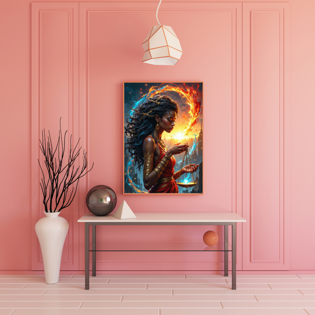 A framed vertical art print depicting a fantasy woman with flowing dark hair surrounded by fiery orange and blue light, displayed on a pink paneled wall above a white console table in a styled interior.