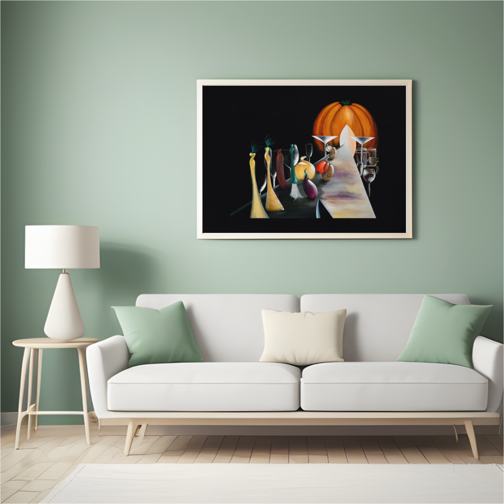 A framed art print featuring a stylized still life of a pumpkin and birds on a black background, displayed on a sage green wall above a modern white sofa in a living room setting.