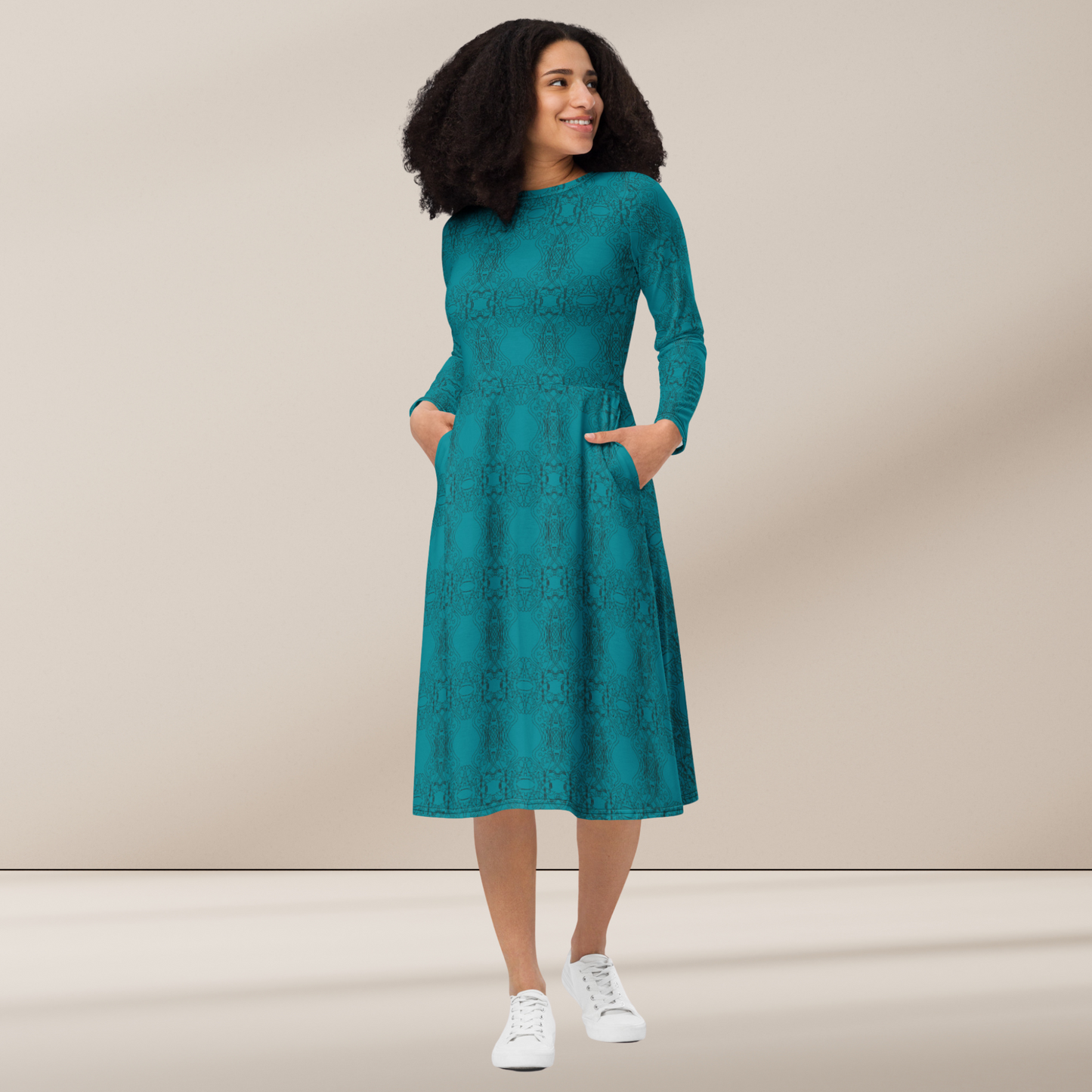 Trendy Beautiful Dress All-Over print Long Sleeve Midi Dress, Perfect Casual Chic