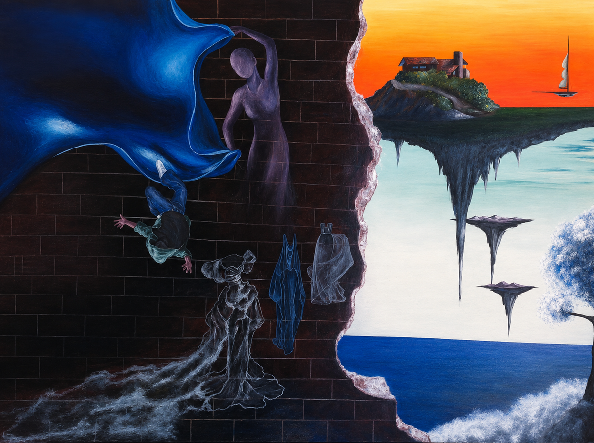 A surreal painted scene with a dark brick wall on the left and a bright ocean landscape on the right, separated by a torn-paper effect. A large blue draped form shapes a pale human figure, while smaller ghostly figures and floating islands appear over blue water under an orange sky.