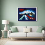 A framed abstract painting of the Twin Towers with red, white, and blue colors hangs on a sage green wall above a white sofa in a modern living room setting.