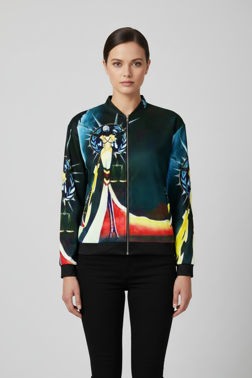 Person wearing a colorful bomber jacket with abstract design on a plain background