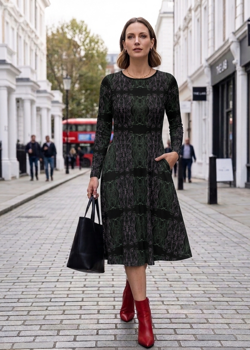 Woman in a patterned dress with red shoes walking on a city street.
