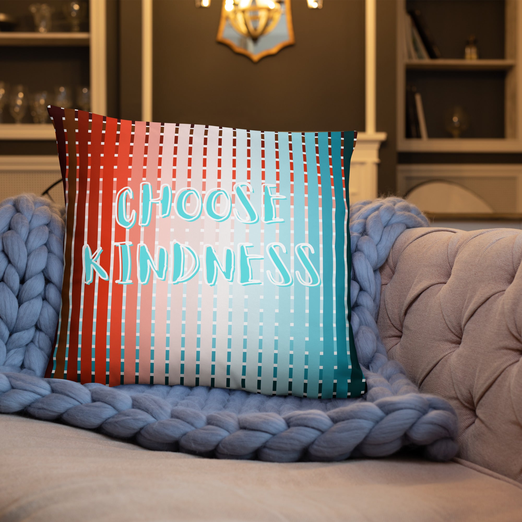 Choose Kindness pillow styled with neutral decor