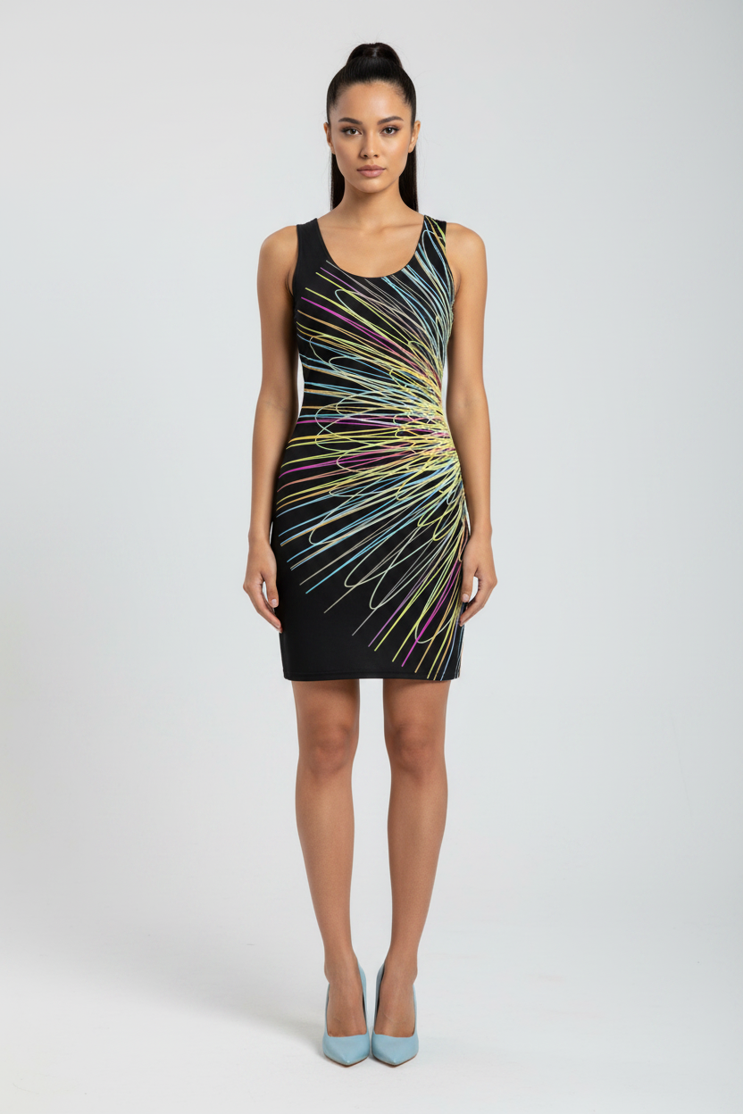 Woman wearing a black dress with colorful abstract patterns on a white background