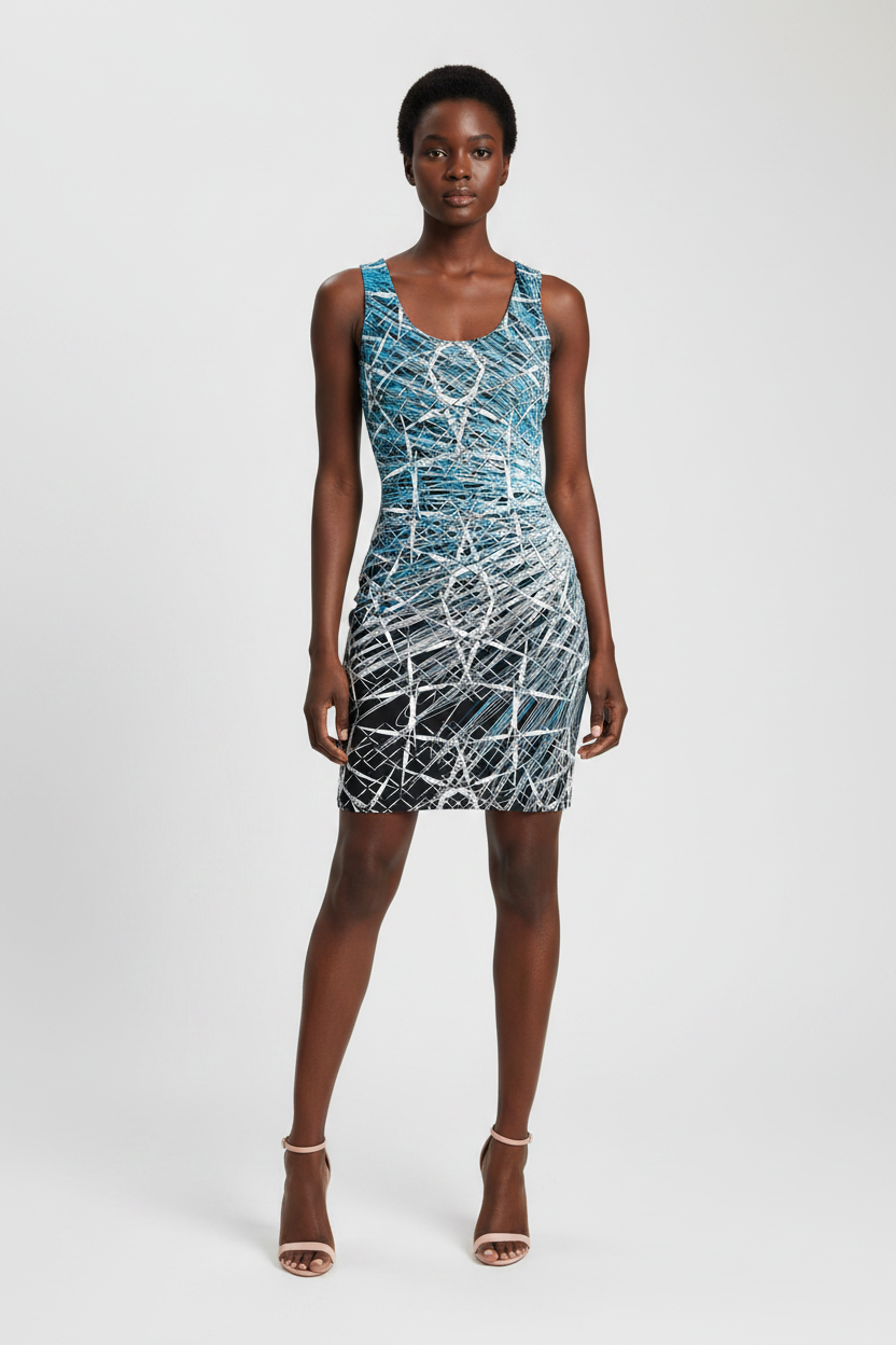 Woman wearing a blue patterned dress on a white background