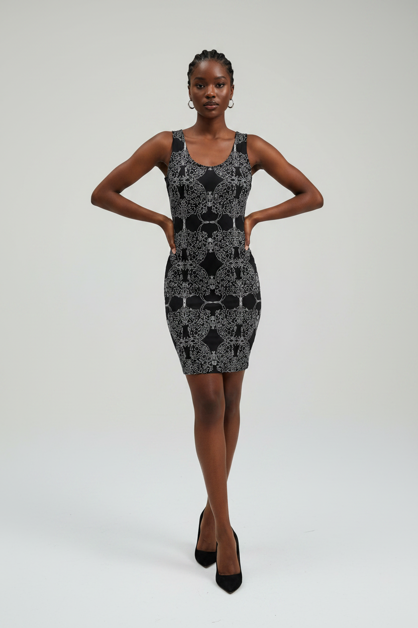 Woman wearing a black and gray patterned dress on a white background